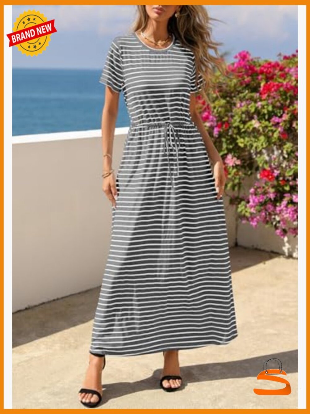 Women's Maxi Dress Short Sleeve Striped Drawstring Waist Loose Fit T-Shirt Dress - Picture 2 of 7